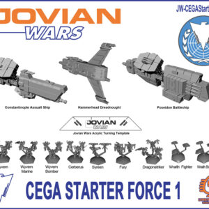 CEGA Starter Force 1 image showing the contents, including a Constantinople Assault Ship, Poseidon Battleship, Hammerhead Dreadnought, 9 Squadrons (Syreen, Fury, Cerberus, Wyvern, Wyvern Marine, Wyvern Bomber, and Dragonstriker, Wraith Fighter and Wraith Bomber) and an Acrylic Turning Template.