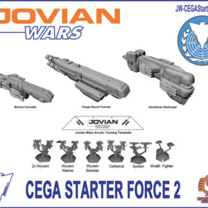 The CEGA Starter Force 2 image showing the contents, including a Tengu Escort Carrier, Hachiman Destroyer, Bricriu Corvette, 6 Exo-Armor (2 Wyverns, Wyvern Marine, Wyvern Bomber, Syreen, and Cerberus) and 1 Fighter (Wraith) Squadrons.