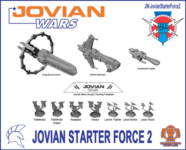 The Jovian Starter Force 2 image showing the contents, including a Forge Escort Carrier, Athena Destroyer, Thunderbolt Frigate, 4 Exo-Armor (Pathfinder, Hector, Retaliator, and Pathfinder Sniper) and 3 Fighter/Bomber (Lancer Fighter, Lancer Recon, and Lancer Bomber) Squadrons.