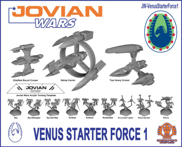 Venus Starter Force 1 image showing the contents, including a Satrap Carrier, Tsar Heavy Cruiser, Chieftain Escort Cruiser, all 9 Exo-Armor, Figher/Bomber Squads (Ryu, Ryu Anti-Ship, Ryu Interceptor, Bonebreaker, Kaminari, Korikaze, and Sakura Exo-Armors, Brunnhilde Fighter and Reinzi Bomber Squads) and an Acrylic Turning Template.