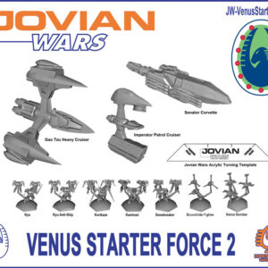 The Venus Starter Force 2 image showing the contents, including a Gao Tzu Heavy Cruiser, Imperator Patrol Cruiser, Senator Corvette, 5 Exo-Armor (Ryu, Ryu Anti-Ship, Bonebreaker, Kaminari and Korikaze) and 2 Fighter (Brunnhilde Fighter and Reinzi Bomber) Squadrons and an Acrylic Turning Template.
