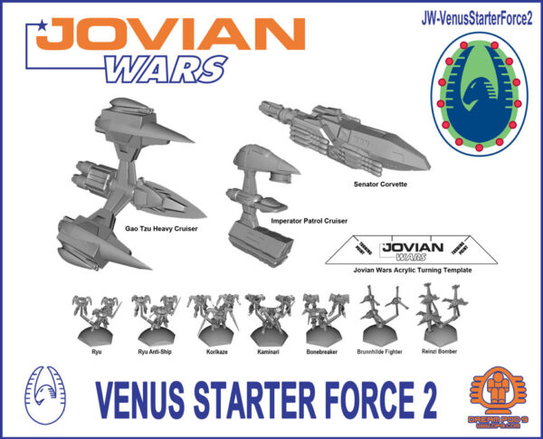 The Venus Starter Force 2 image showing the contents, including a Gao Tzu Heavy Cruiser, Imperator Patrol Cruiser, Senator Corvette, 5 Exo-Armor (Ryu, Ryu Anti-Ship, Bonebreaker, Kaminari and Korikaze) and 2 Fighter (Brunnhilde Fighter and Reinzi Bomber) Squadrons and an Acrylic Turning Template.